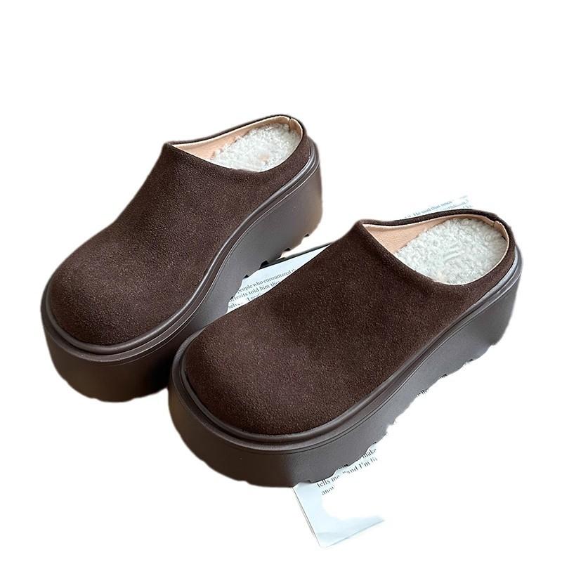 Модные женские теплые хлопковые мюли, ретро тапочки на толстой подошве и высоком каблуке, слипоны с закрытым носком, удобные уличные тапочки для ленивого отдыха