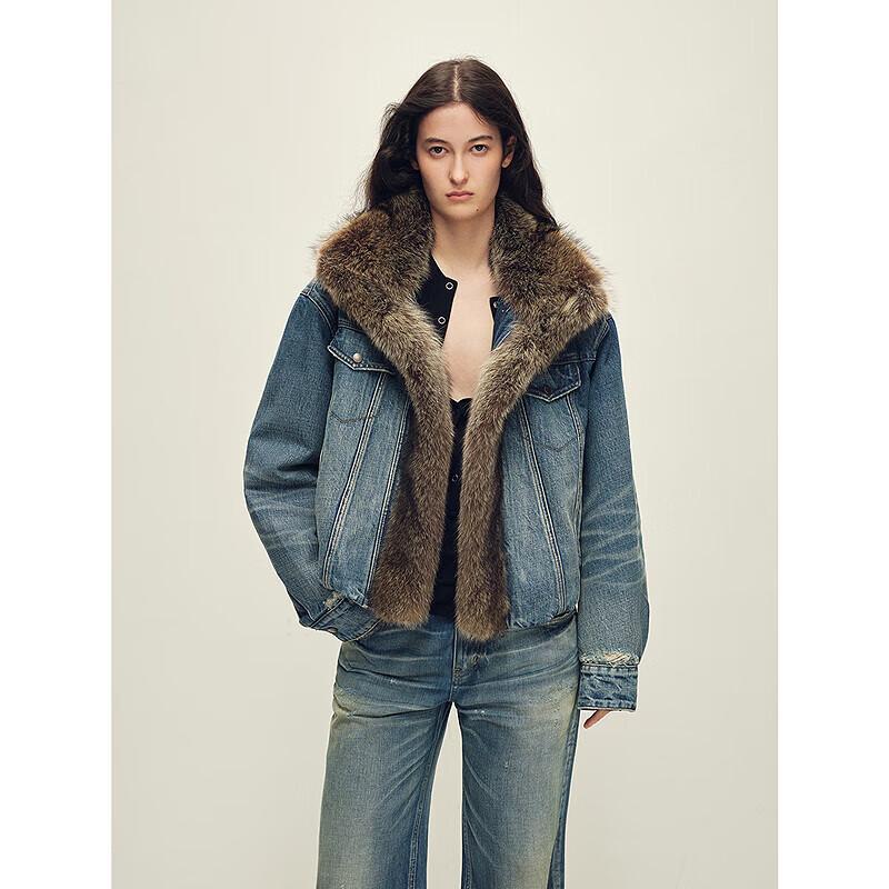 CHIC PARKA Denim Fur-Lined Parka with Raccoon Fur Collar