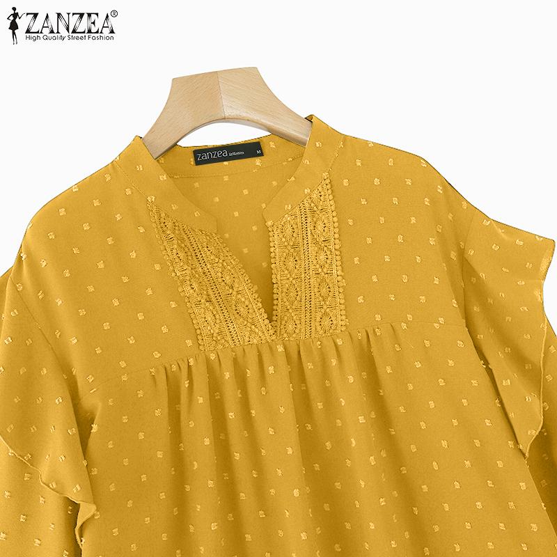 ZANZEA Women Vintage Stand Collar Lantern Long Sleeve Ruffle Blouses