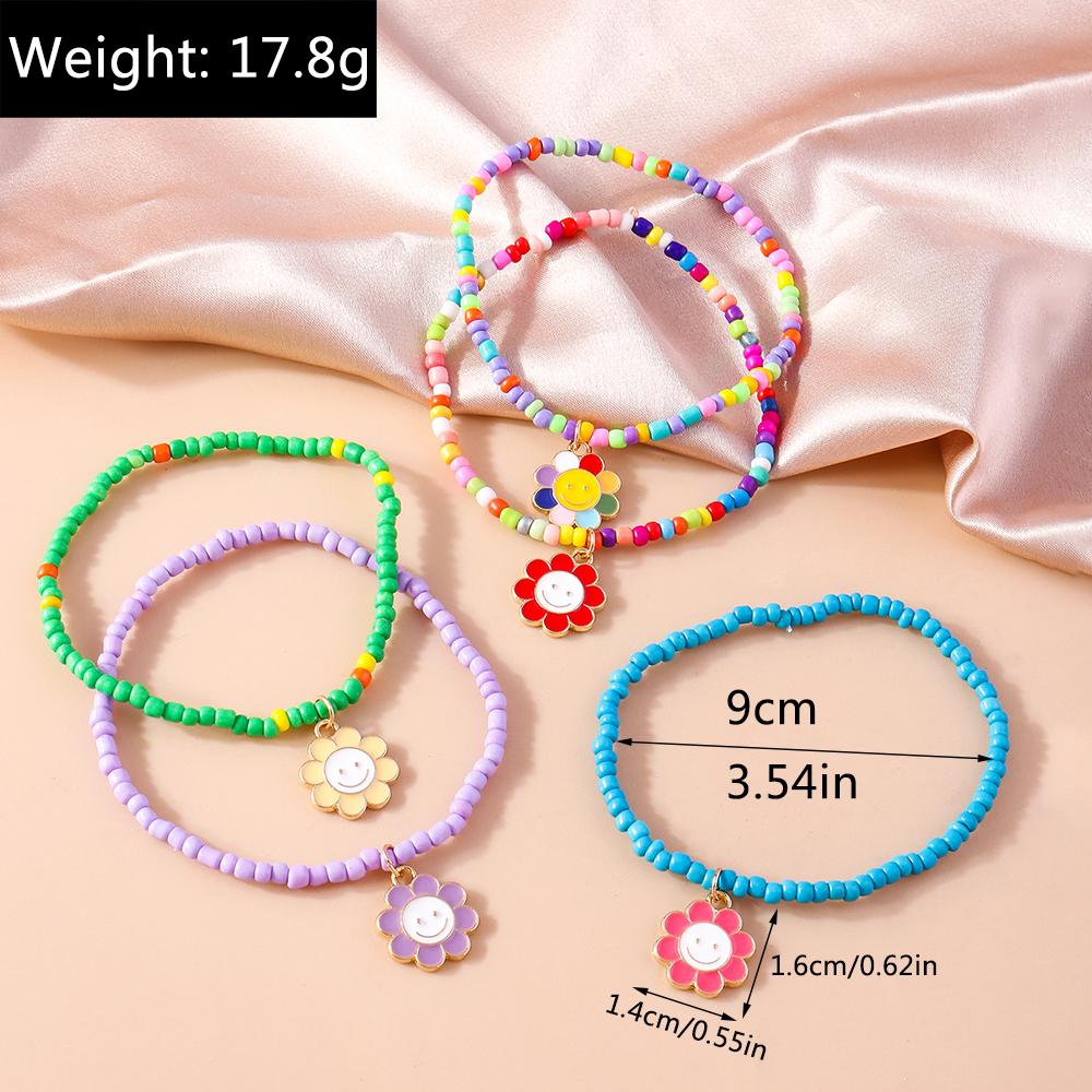 5pcs Bohemian Handmade Colorful Beaded Bracelet for Women Cute Flower Smile Face Wristband Girls Boho Jewelry Gifts