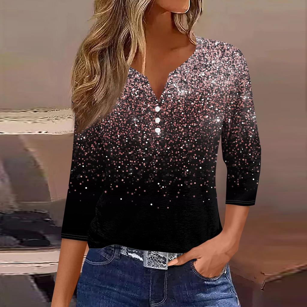 Жен. Футболка Футболка С принтом Пуговицы Рукав 3/4Ежедневно Выходные Мода Классический Топ с v-образным вырезом Обычный