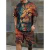 Men's Short Sleeved Set with Proud and Unrestrained Lion Print Round Neck Short Sleeved Shorts Set, Fashionable and Casual Men's
