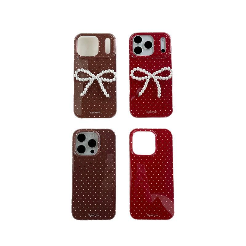 Чехол для iPhone 17/16 Pro Max/15/14: Корейский 3D-бант в горошек с жемчугом для женщин