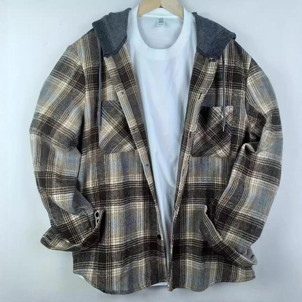 Men's Striped Plaid Casual Loose Button Lapel Long Sleeve Hooded Cardigan Shirt Jacket