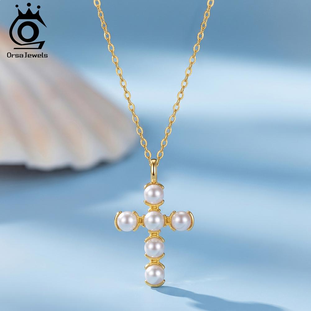 ORSA JEWELS Кулон-крест с жемчугом из стерлингового серебра 925 пробы Ретро Мода Жемчужные украшения для женщин Свадебная вечеринка Банкет GPN109