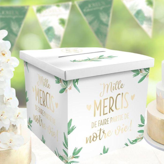 Urne de mariage - jour de fete - vive les mariés - carrée - couvercle à fente - végétale