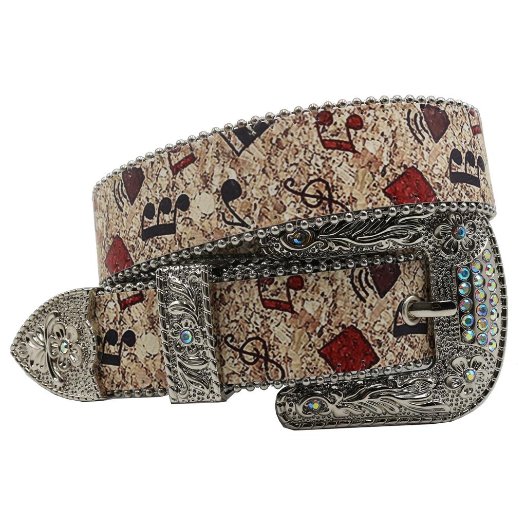 Оригинальный дизайн ремня с принтом музыкальных нот и стразами Y2K Personality Trend Pu Leather Belt