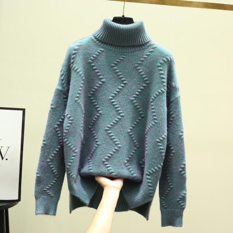 Высокий воротник и лацканы Женский толстый свитер Осень и зима Разрез по низу Длинный свободный пуловер Вязаный свитерjavascript: