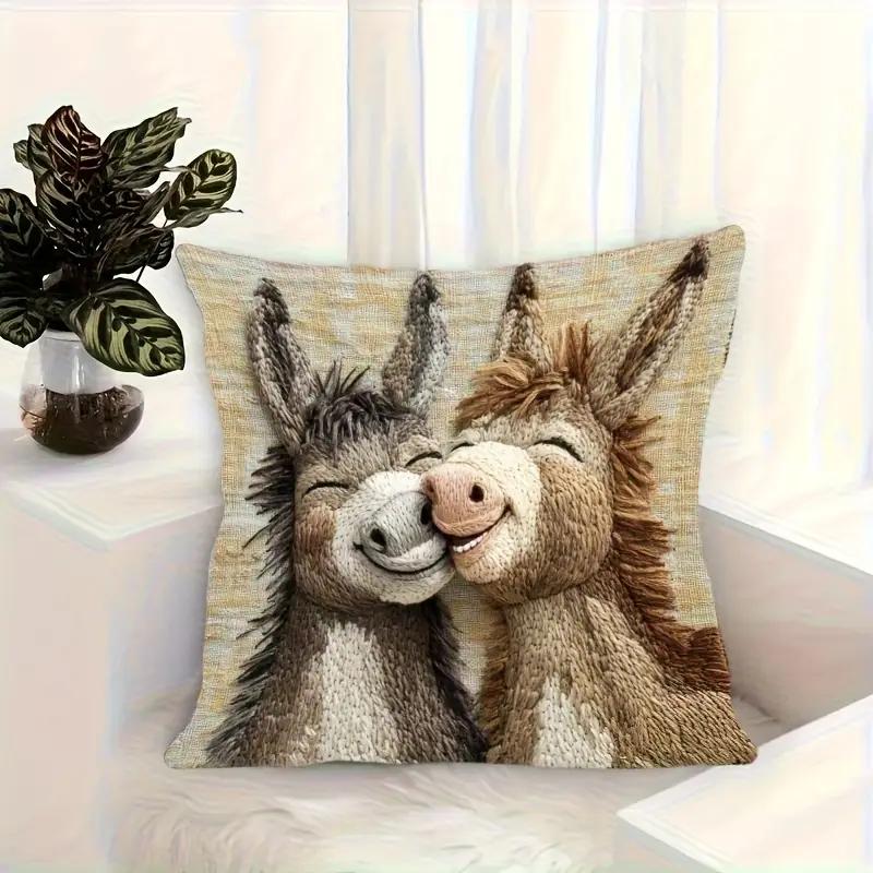 Cute Cartoon Donkey Kiss Pillow Cover with Zipper Closure In Soft Beige