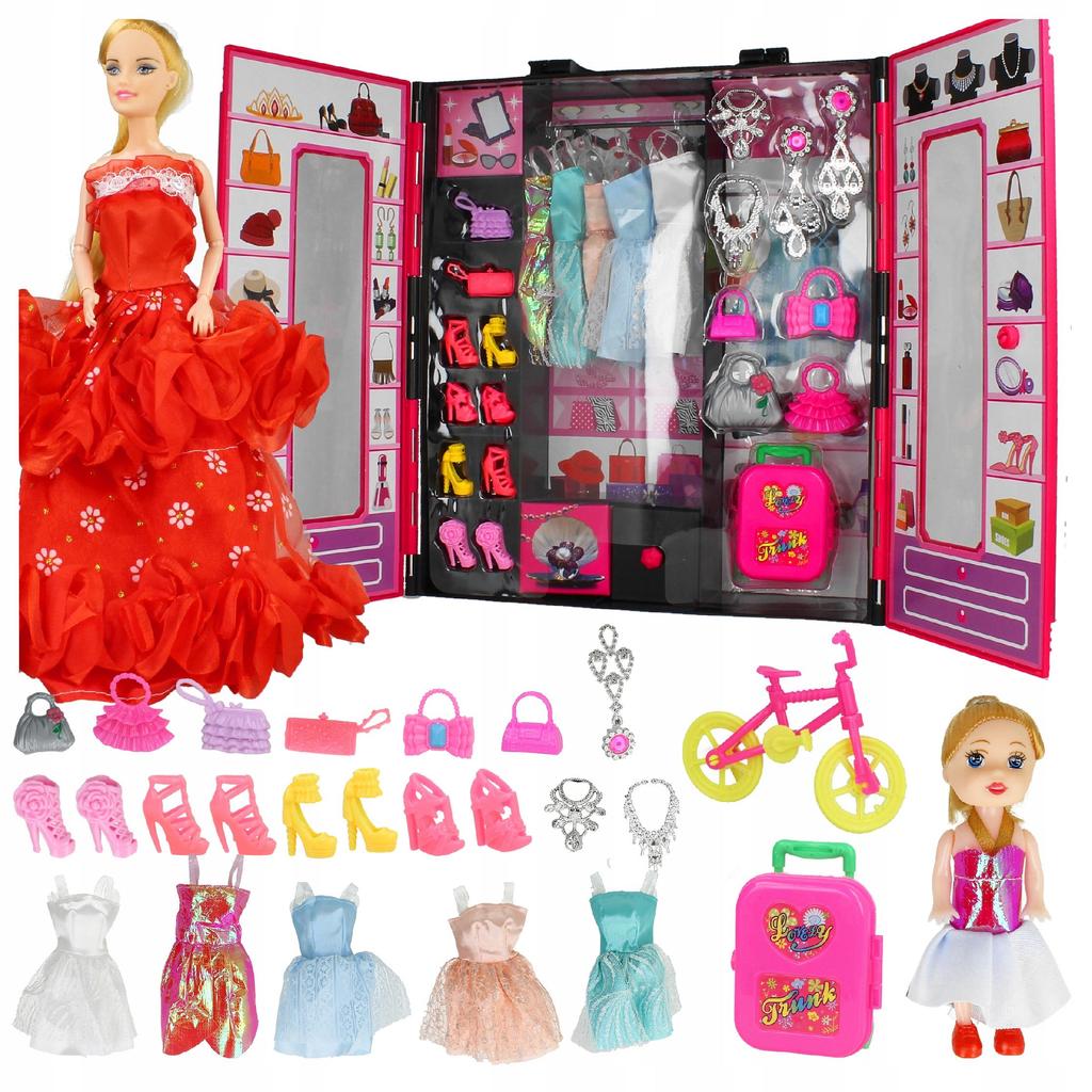 [PACZB] Doll Set with Wardrobe, Dresses, Suitcase, Wardrobe for Clothes Z2202C