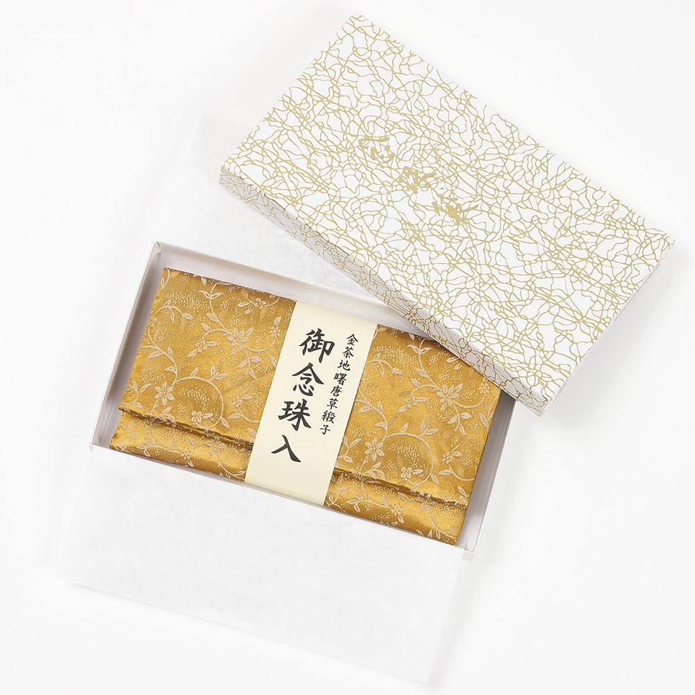 Мешочек для буддийских четок, двухстворчатый, унисекс, киотский дамаск, бумажная коробка, подарок, сделано в Японии, узор из мелких хризантем и китайских цветов, золото,