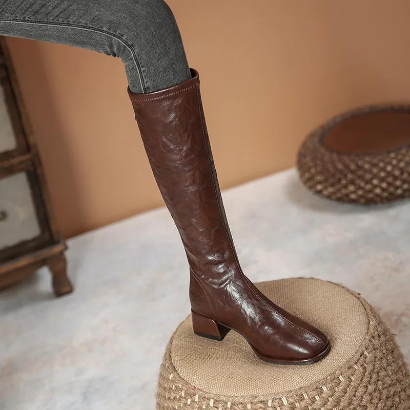 Luxury Women's Boots High Quality Square Toe Women's Ankle Boot Fashion Med-High Heels Women Shoes British Style Knee-High Boots