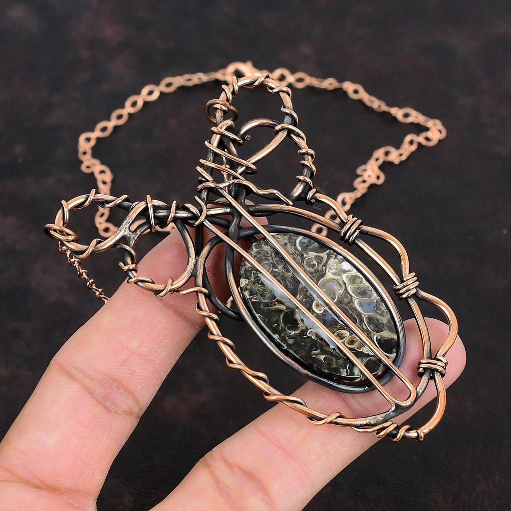 Ожерелье из агата Туррителла, обернутое медной проволокой, регулируемое ожерелье с драгоценным камнем, медные украшения, ожерелье ручной работы, украшения в технике wire wrap, подарки для жены