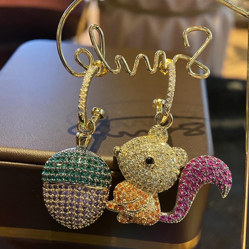 Trendy Squirrel Fruit 925 Silver Needle Earrings for Women Asymmetrical Cute Temperament Dangle Earrings Party Jewelry Gifts