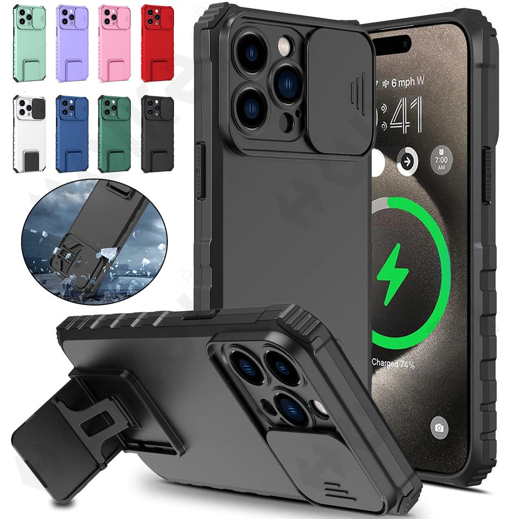 Бронированный противоударный чехол для iPhone 17 16 15 14 13 12 11 Pro Max Plus Сдвижная защита камеры Магнитная подставка-держатель Чехол для телефона