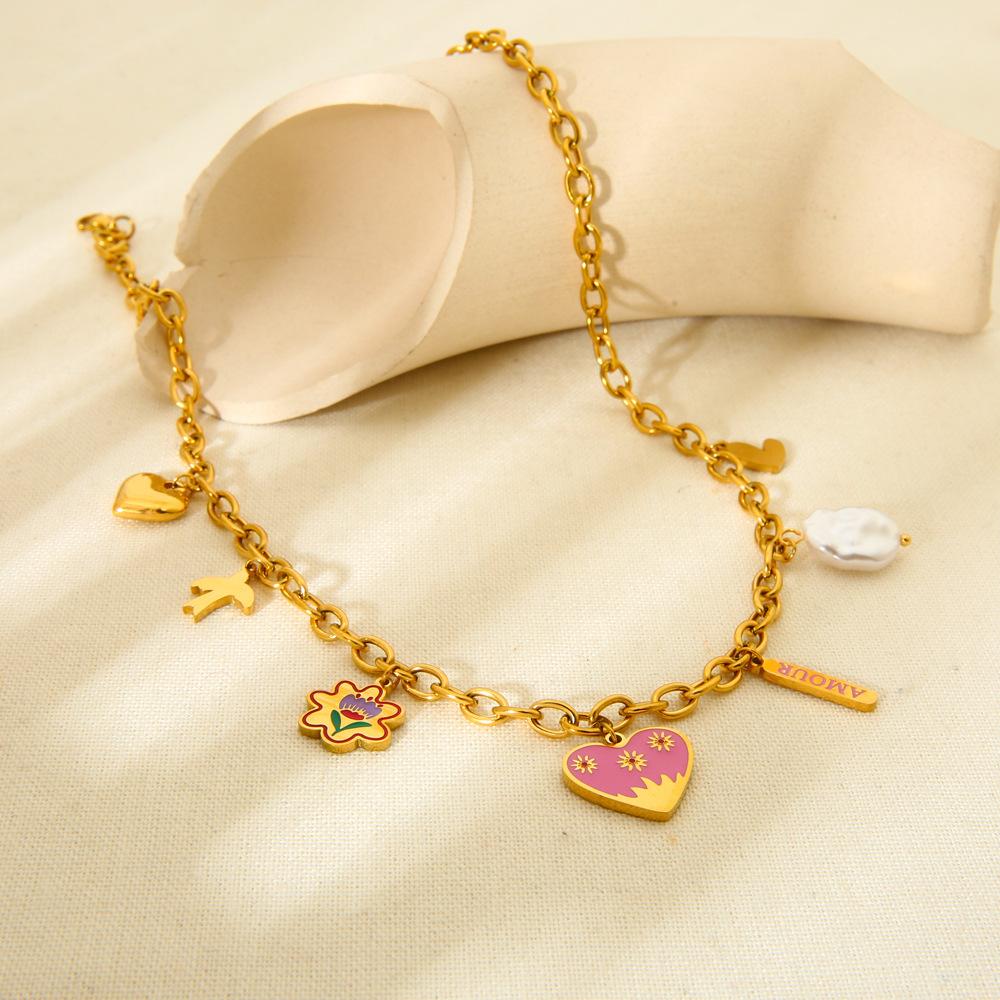 ins cute stainless steel oil drop love flower DIY pendant necklace plated 18K gold jewelry accessories women