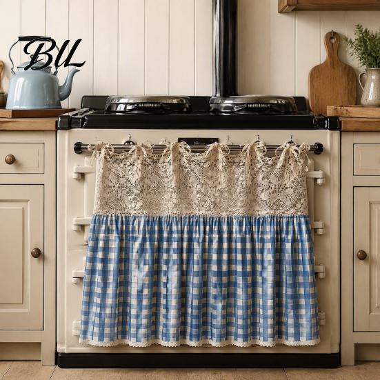 Decorative Fabric Oven Handle Wrap Farmhouse Stove Skirt, Plaid Crochet Lace Curtain, Easy Install Strap Shade Skirt Curtain with Ties for Cottage