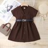 Модное платье для девочек, летнее детское однотонное платье-подъюбник квадратного кроя с эластичной резинкой и короткими рукавами, с поясом