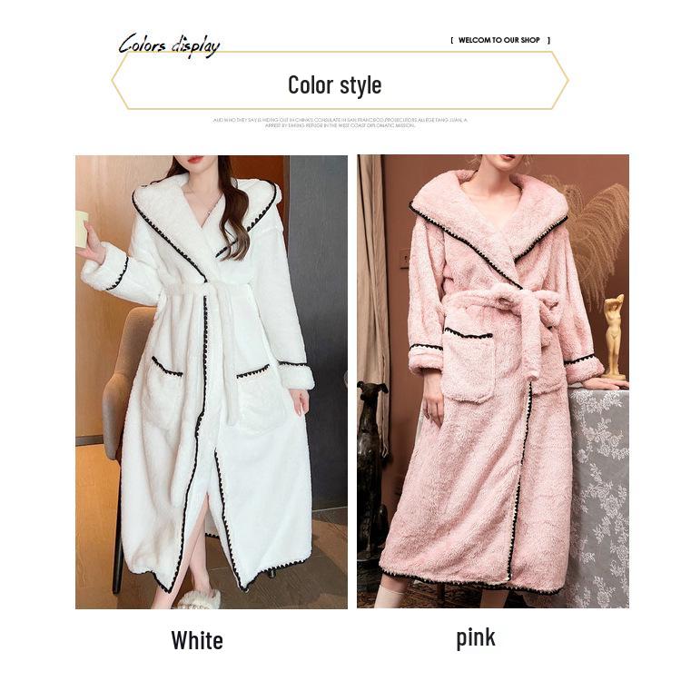 Женский халат с капюшоном из кораллового флиса - Толстый, теплый, длинный, однотонный для осени и зимы