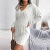 Women Autumn Winter High Waist Twist Wrap V Neck Long Sleeve Solid Color Hip Sweater Dress S-L