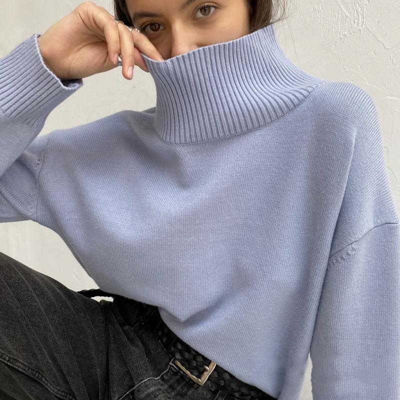 Autumn and Winter High Neck Loose Knitted Top Solid Color Casual Long Sleeve Knitted Sweater