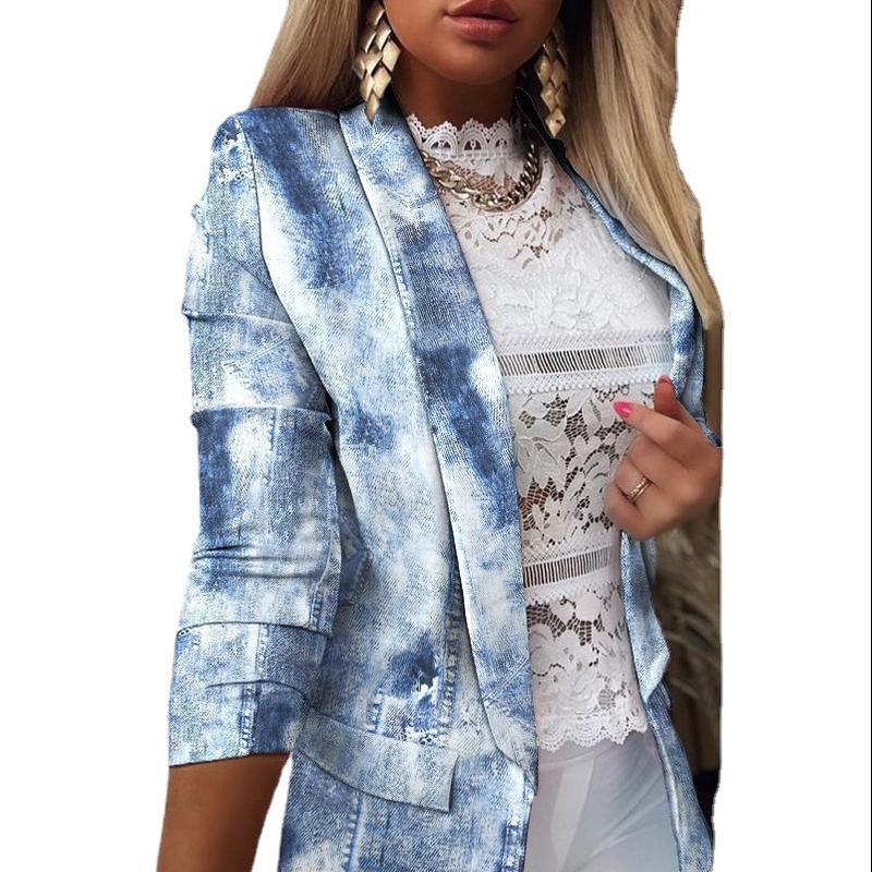 Женская мода с длинным рукавом и цветным принтом, куртка с открытой передней частью