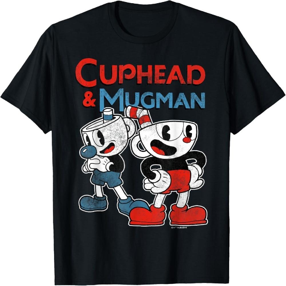 Черная классическая футболка Cuphead & Mugman - Взрослая, с круглым вырезом, с коротким рукавом