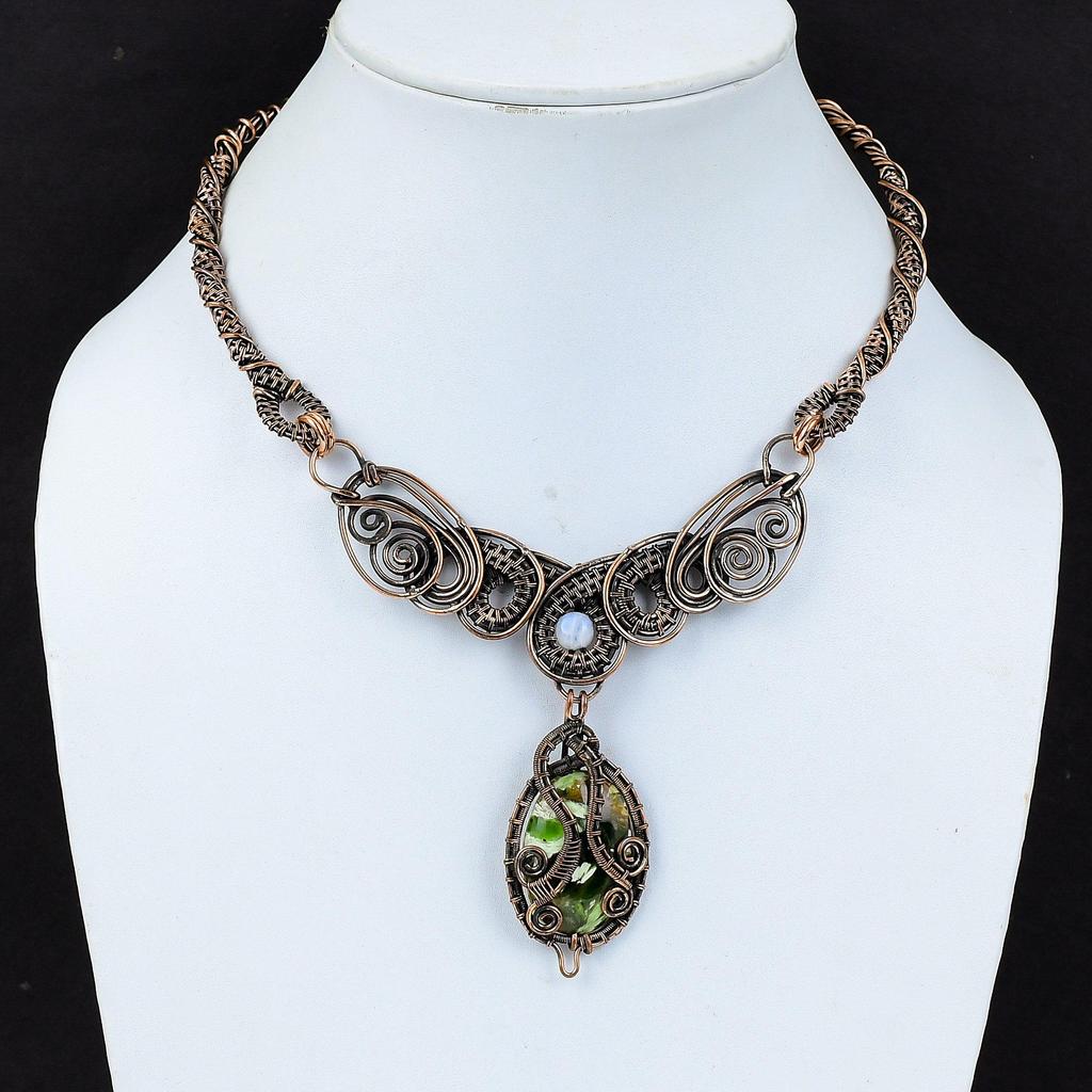 Australian Chrome Chalcedony Necklace Copper Wire Wrapped Necklace Rainbow Moonstone Gemstone Necklace Handmade Copper Jewelry Gift For Wife
