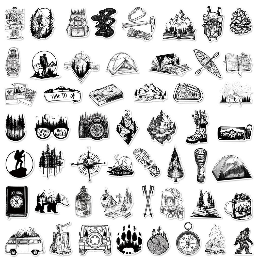 50Pcs/Set Classical Black & White . Outdoor Adventure Series 01 Waterproof Stickers DIY Fashion Doodle Decals Stickers