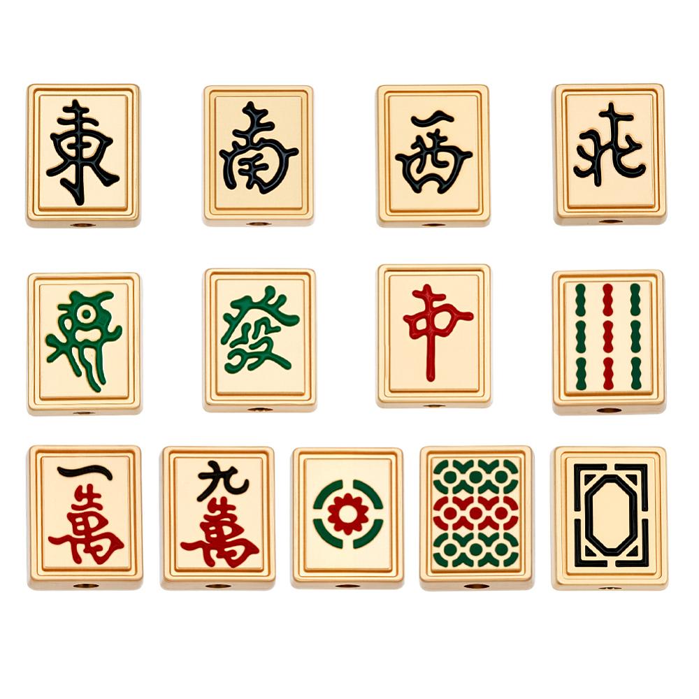 1set 13pcs 13 styles Mahjong Alloy Enanel Beads Rectangle Light golden Mixed color 10.5x8.5x4mm Hole: 1.6mm 1pc/style