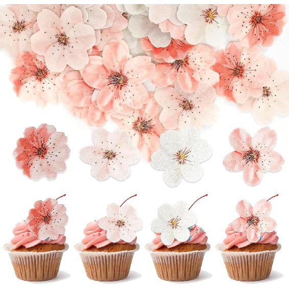 50pcs Edible Cherry Blossom Cake Toppers, Wafer Paper Flower Decorations for Cupcakes, Wedding, Birthday, and Party Cakes
