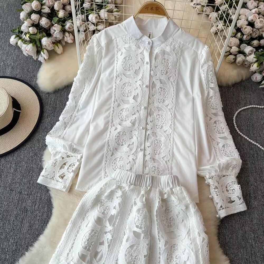 Spring Autumn Women Lace Patchwork Embroidery Designer Runway Outfits Fashion Single Breasted Shirt and Mini Short Skirt Two Piece Set