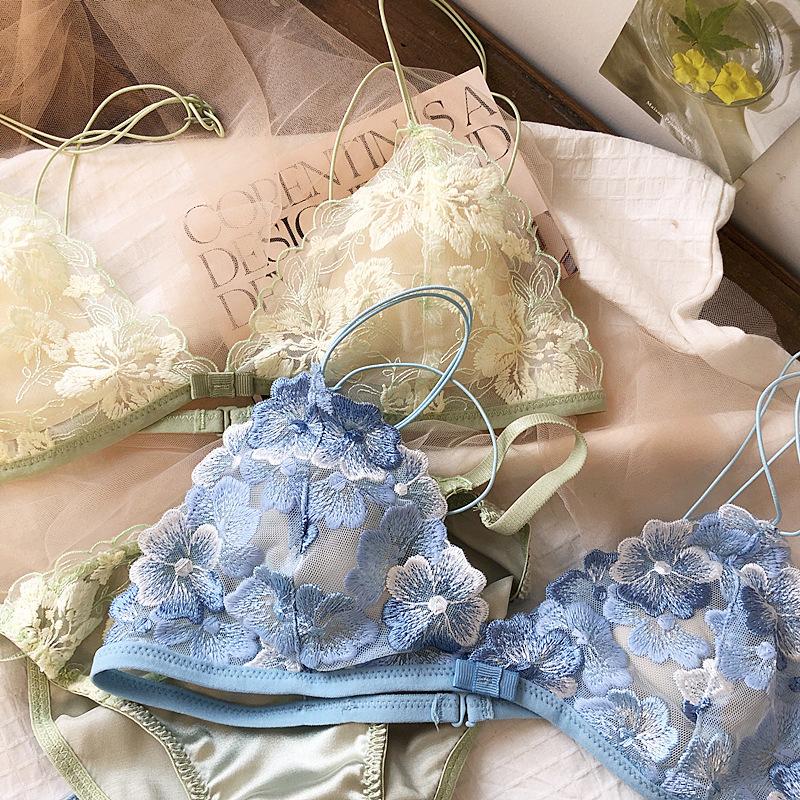 Женское сексуальное нижнее белье с треугольной чашкой, французский ультратонкий кружевной комплект с бюстгальтером и вышивкой в виде цветов для молодой девушки, комплекты бюстгальтера и трусиков с подкладкой