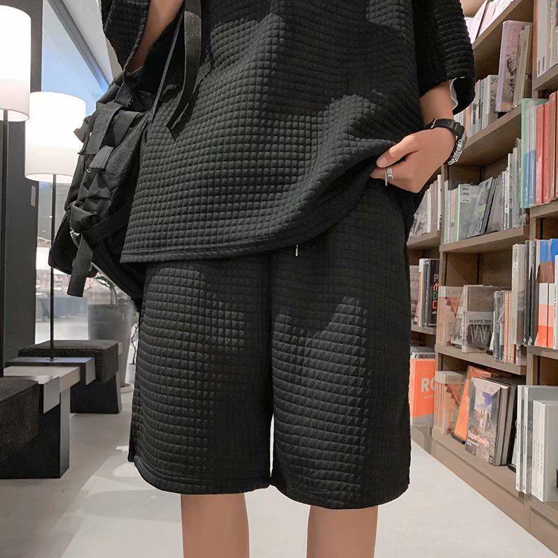 Мужской модный спортивный костюм из вафельной ткани с футболкой с короткими рукавами на лето