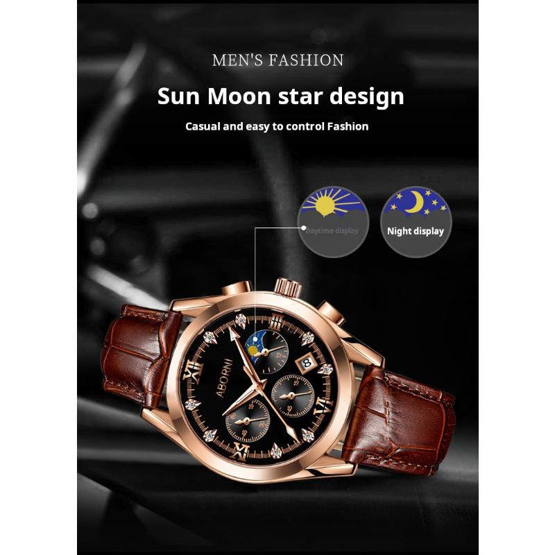 ABORNI Роскошные мужские наручные часы с хронографом, водонепроницаемые, светящиеся, мужские часы из кожи, высококачественные спортивные кварцевые часы для мужчин