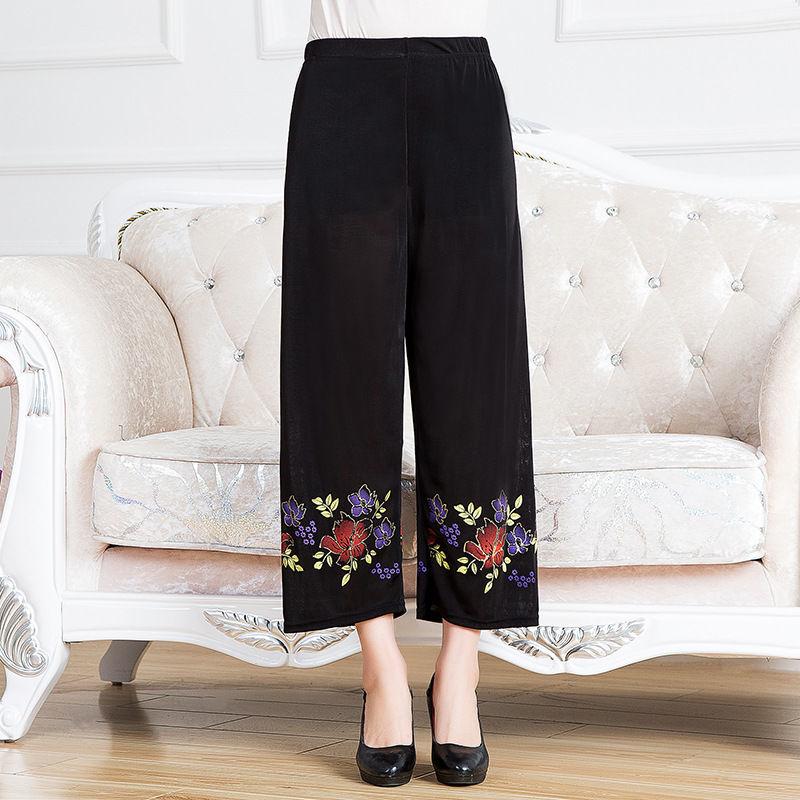 Женские летние тонкие брюки большого размера, свободные, с эластичной резинкой на талии, простые укороченные брюки с высокой талией, широкие брюки с цветочным принтом, повседневные прямые материнские брюки