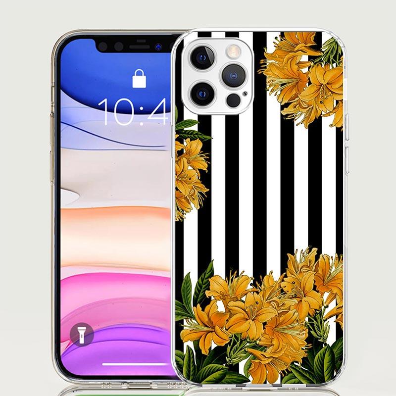 Black White Stripes Flower Phone Case for Apple iPhone 17 Air 16 15 Plus 14 + 13 Mini 12 11 Pro Max 7 8 SE 16Max Soft Shell Cove