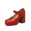 Women's Shoes Square Toe Retro Thick Heel Ultra High Heel Button Strap Women's Single Shoes Waterproof Platform Thick Sole