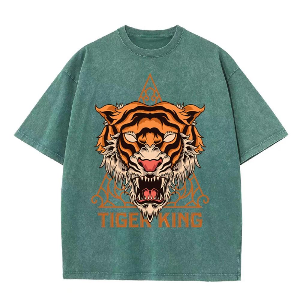 2026 Vintage Washed Black Tiger Head Graphic T Shirt Triangle Ornament Tiger King Retro Print Oversized Men Streetwear Casual Sh