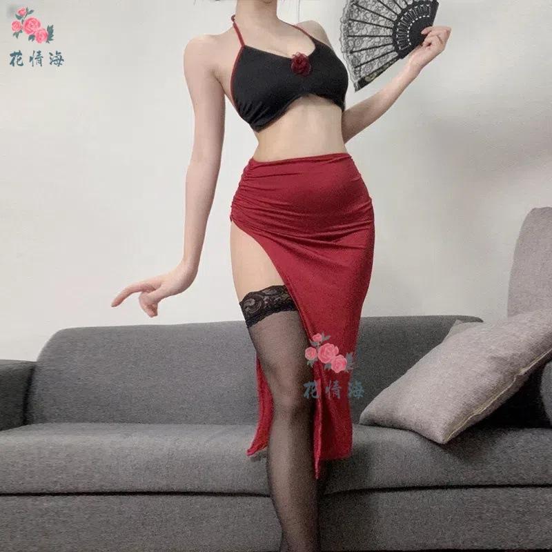 Сексуальное нижнее белье сексуальное розовое длинное платье ночной клуб топ-труба на шее красный шарм разрез до бедра