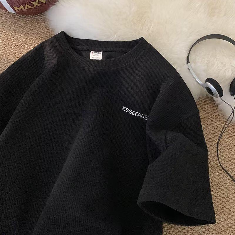 Мужская летняя вафельная футболка в японском стиле с коротким рукавом свободного покроя