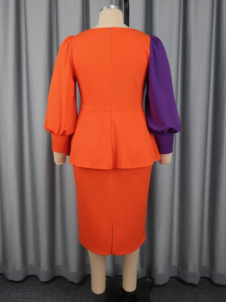 Элегантное женское платье бодикон большого размера с цветными блоками, вырезом сердечком, длинными рукавами-фонариками, для офисной работы, церкви, свадьбы в качестве гостя