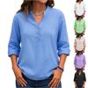 Women's Fashionable Solid Color V Neck Button Long Sleeved Casual Shirt Top