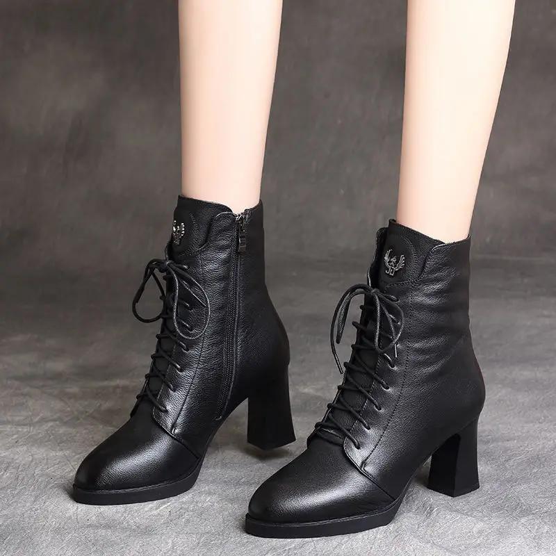 Модные туфли до середины голени женские кожаные туфли с круглым носком на шнуровке черные туфли на высоком каблуке элегантные туфли на каблуке со шнуровкой женские полусапожки по акции Y2k Hot