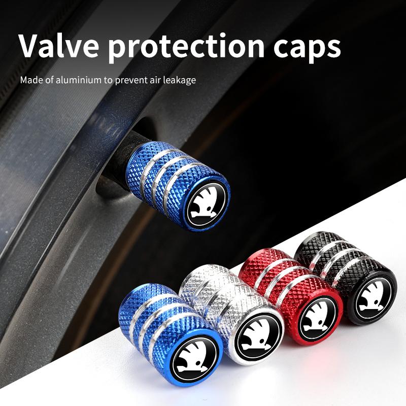 REOY4 4pcs Knurling Car Wheel Tire Valve Dustproof Protection Cap For Skoda Fabia Kamiq Superb MK3 VisionS Yeti Scala Enyaq-iV