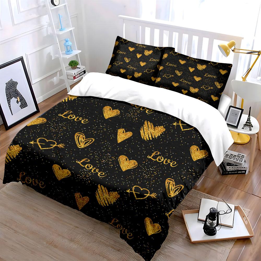 Golden Love Hearts Pattern Bedding Duvet Cover Set Duvet Cover Pillowcases (1*Duvet Cover 2*Pillowcases, without duvet insert)
