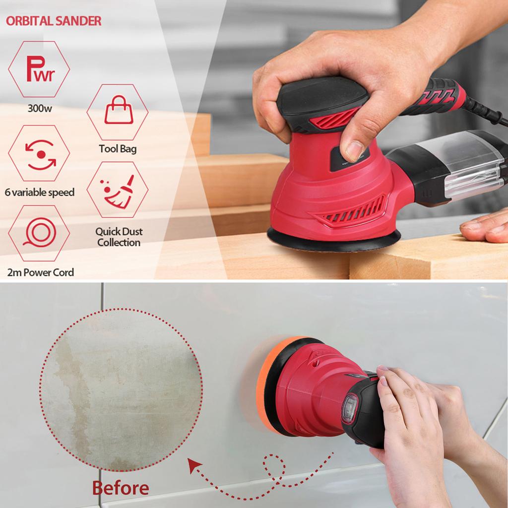 Эксцентриковая шлифовальная машина, 300 Вт, 2,5 А, орбитальная шлифовальная машина с 6 регулируемыми скоростями, 13000 об/мин, 20 шт.