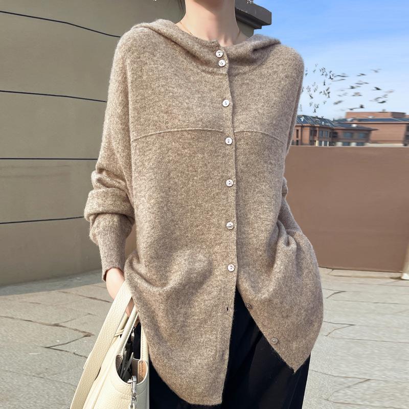 Pure Wool Women's Autumn/Winter 2024 Round Neck Hooded Button-Up Knit Cardigan Sweater Coat