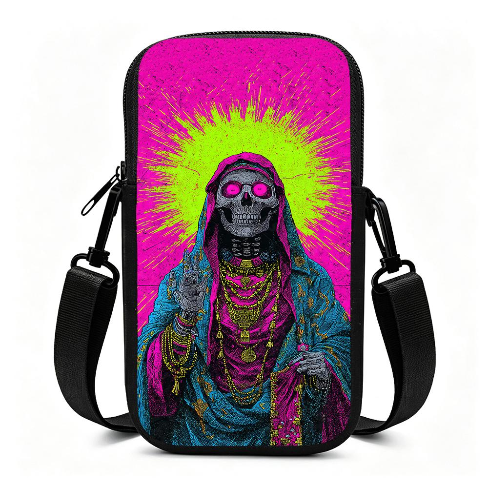 Neon Gothic Skeleton Graphic Crossbody Phone Bag, Colorful Punk Street Style Cell Phone Sling Pouch, Artistic Decorative Shoulder Purse for Holiday Gi