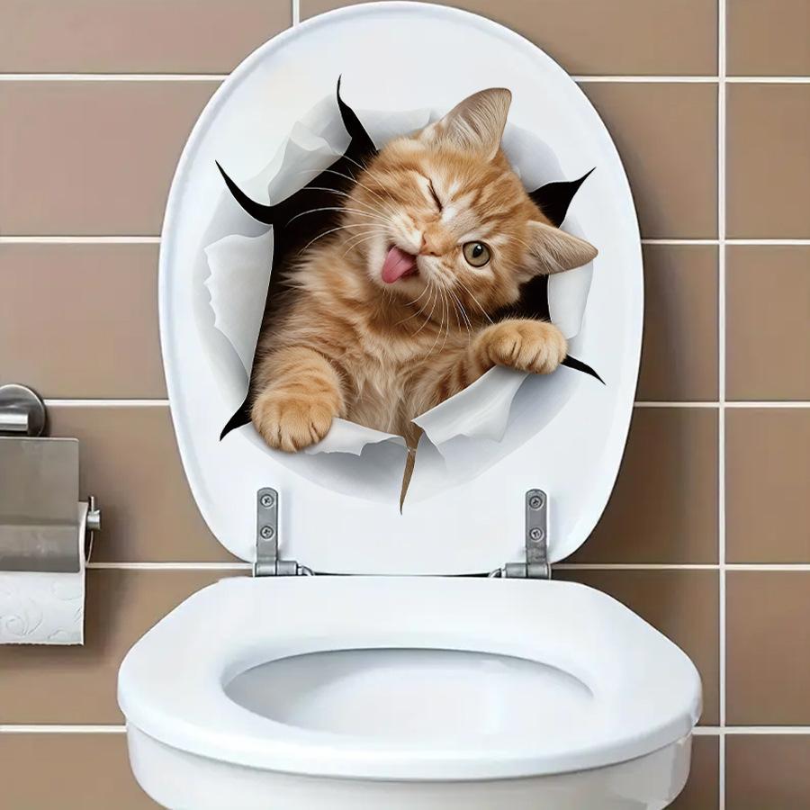 Смешные оранжевые коты, выглядывающие из дыры, Наклейки на унитаз, Водонепроницаемый самоклеящийся декор для крышки унитаза, Украшение для ванной комнаты